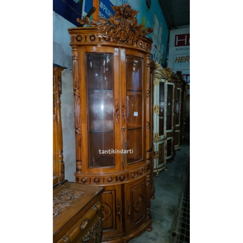 LEMARI SUDUT 2 PINTU KAYU JATI JEPARA, MAHKOTA UKIR BUNGA