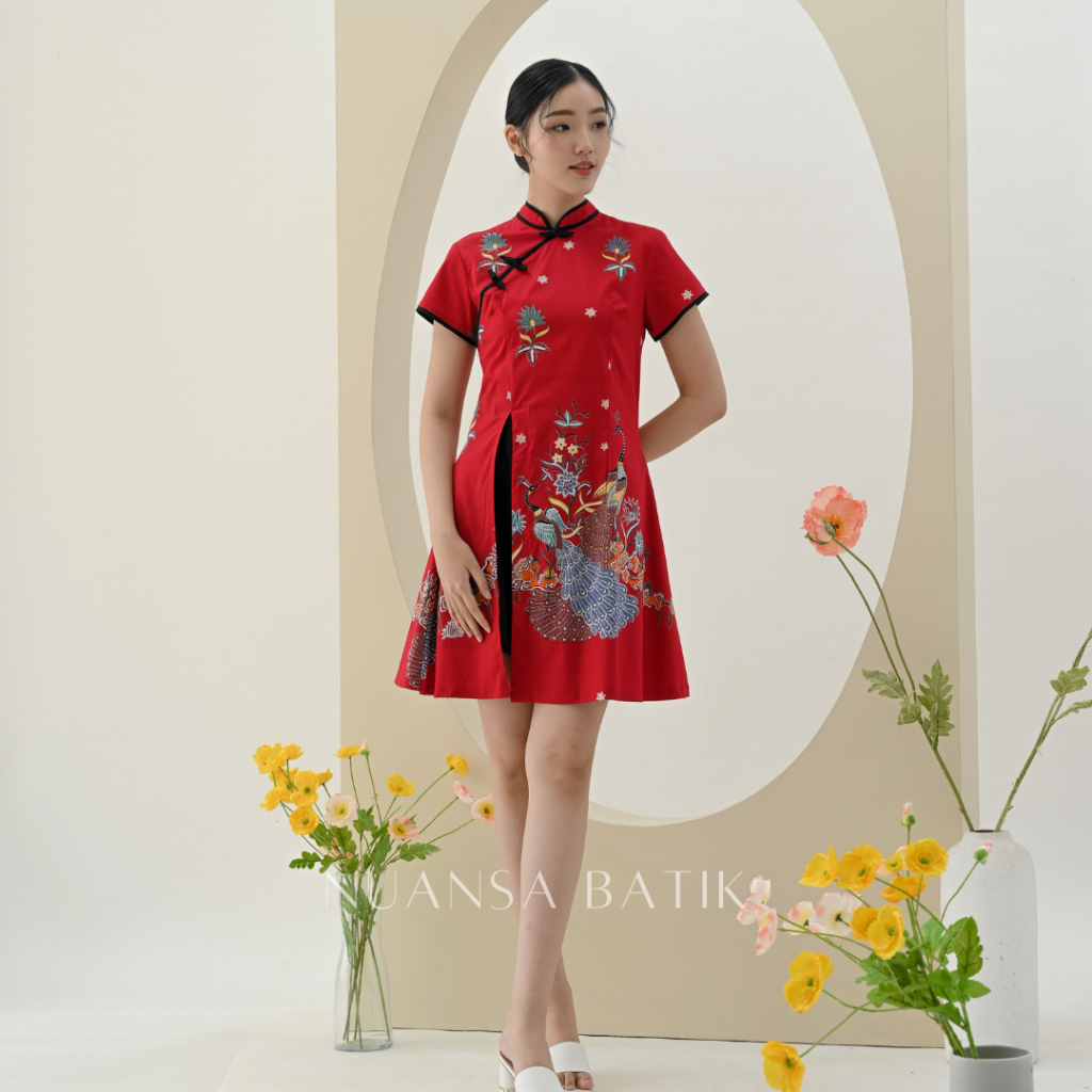 Nuansa Batik Dress Batik Mini Model Cheongsam Bahan Katun Stretch