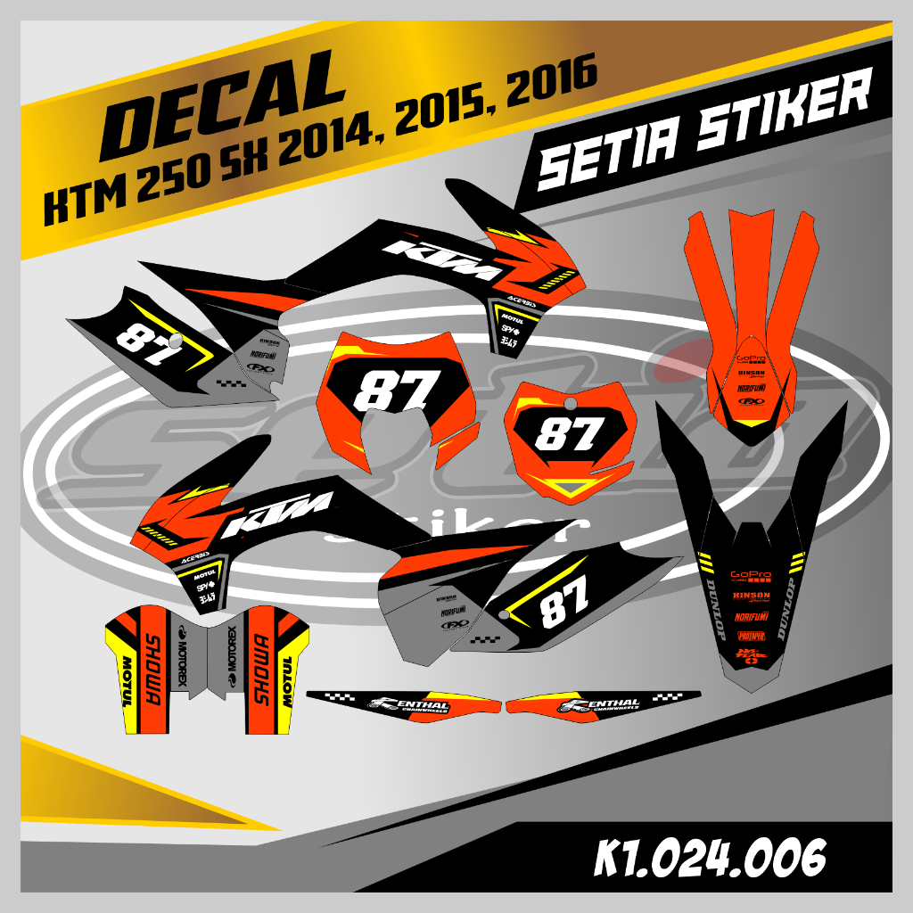 DECAL KTM 250 SX 2014-2016 FULL BODY, WARNA HITAM OREN, SUPERMOTO, TRAIL, DESAIN BEBAS CUSTOM BARU (