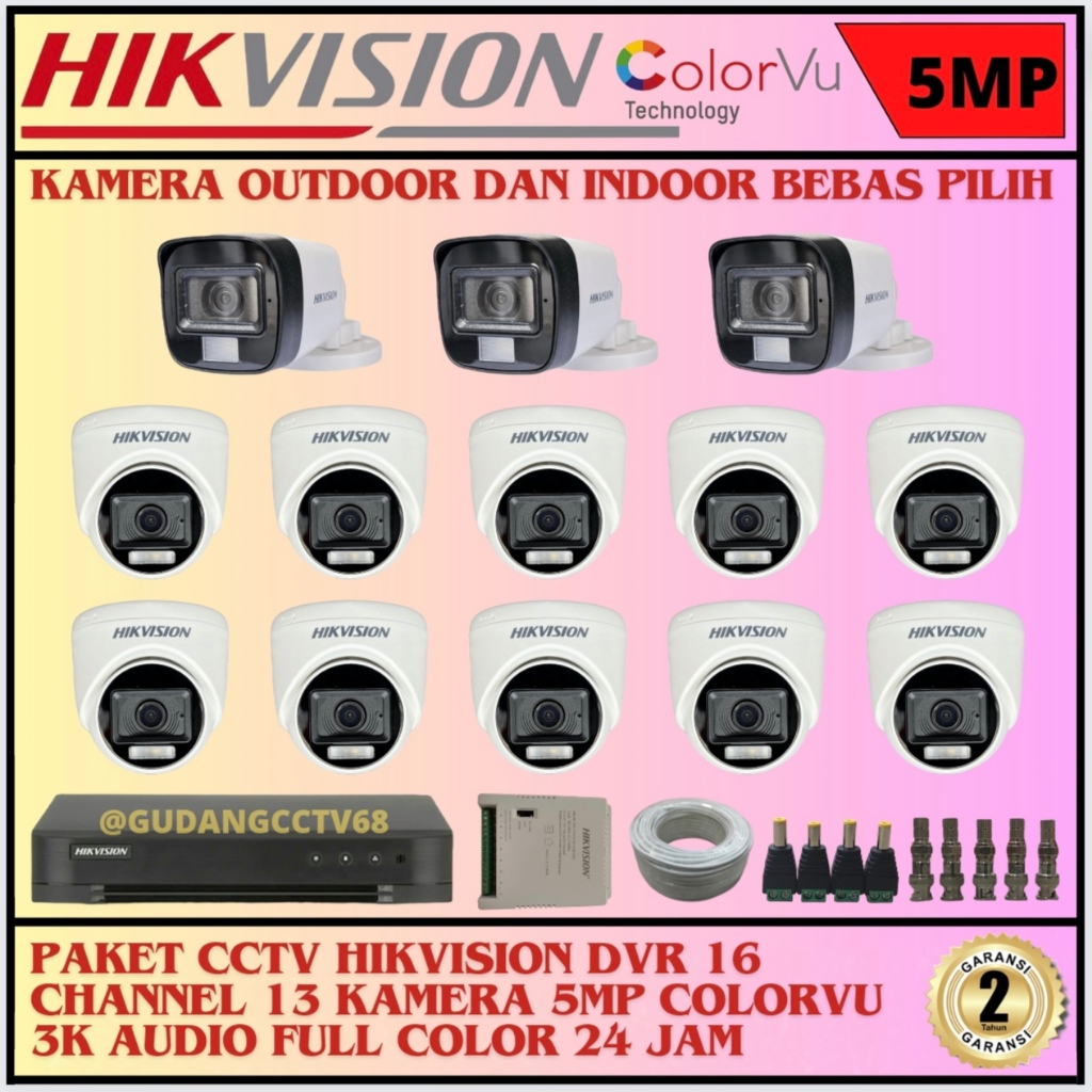 Paket CCTV HIKVISION 16 Channel 13 Camera HIKVISION 5MP Colorvu 3K Full Colour AUDIO SERIES Komplit
