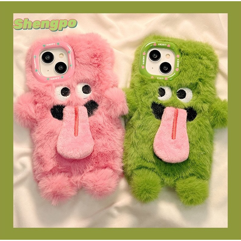 New Silicone Fur Bulu Bulu Case Iphone 16Promax Couple Pink Green Monster With Magnet Tounge  Magnet