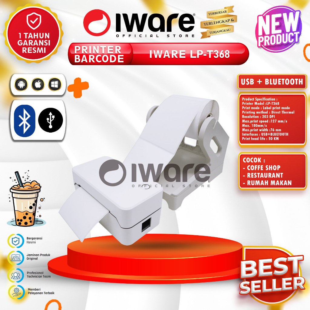 Iware Printer Barcode Thermal LP-T368 80MM Usb+Bluetooth Cetak Label Resi & Harga