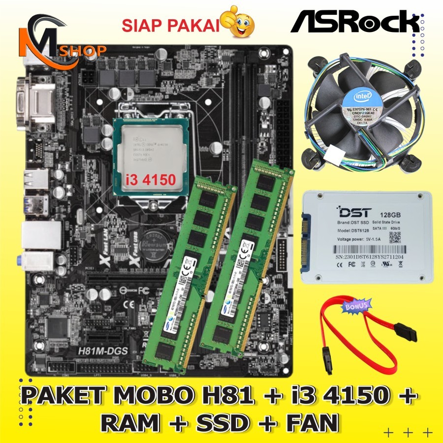 Paket Motherboard Mobo LGA 1150 H81 + Processor Core i3 4150 + SSD + RAM DDR3 + Fan Siap Pakai