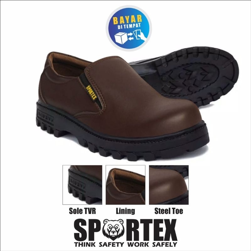 sepatu safety pria safety shoes pria ujung besi type slip on tanpa tali bahan sintetis sportex