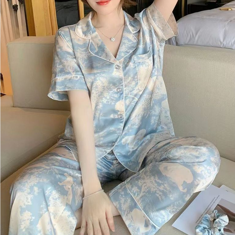 2025 piyama sutra sutra es tie-dye baru piyama wanita sutra manis dan indah angin lengan pendek cela