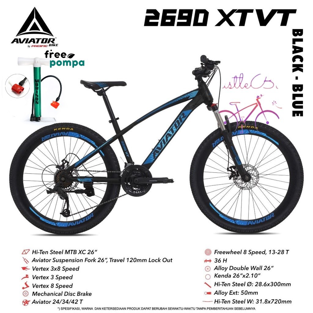 (FREE POMPA)Sepeda Gunung MTB AVIATOR AT2690XT-VT 3x8-MD (26x2.10)