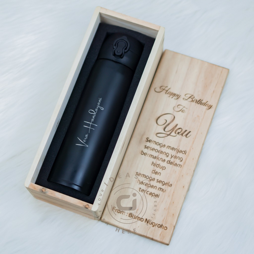Tumbler Custom Nama + Box Hampers Kayu Free Custom