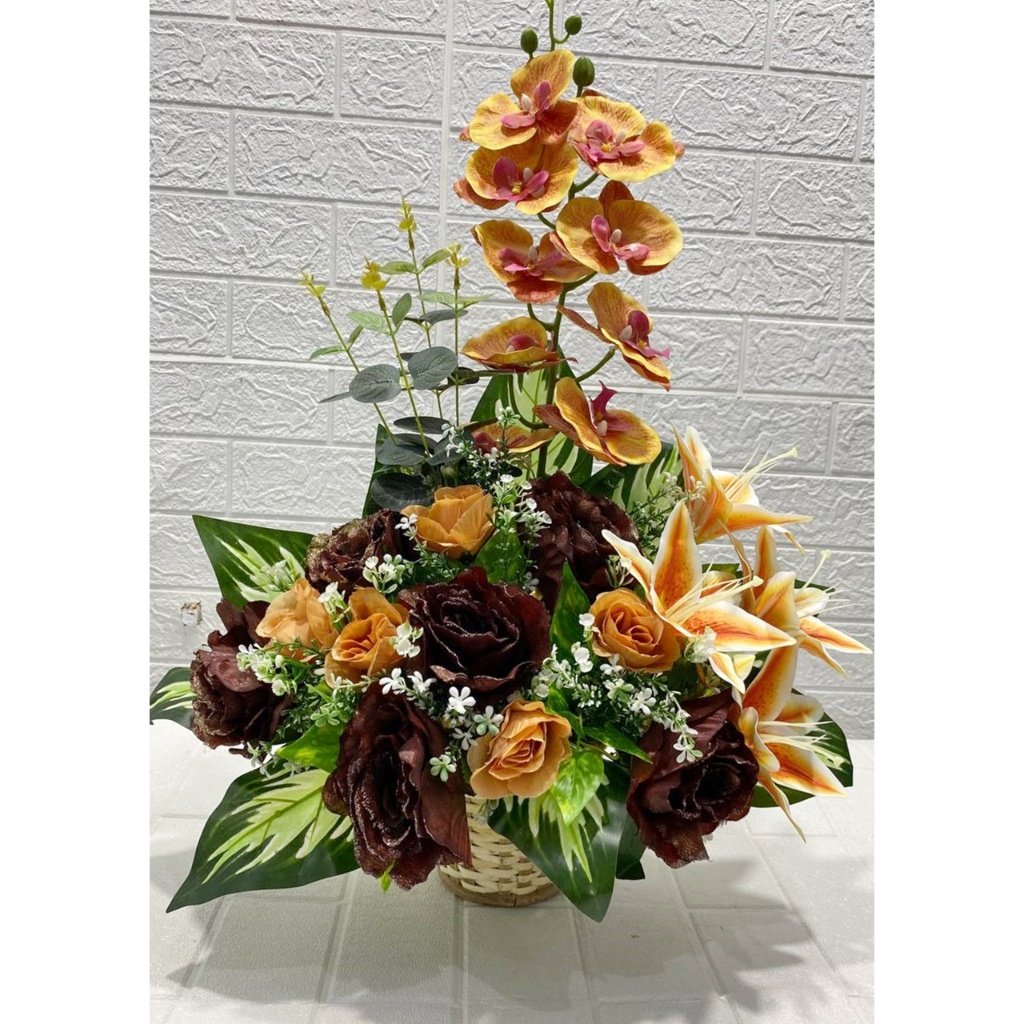 Bunga Meja Sudut Anggrek, Lily Latex, Ros Glitter Pot Bulat Bakul