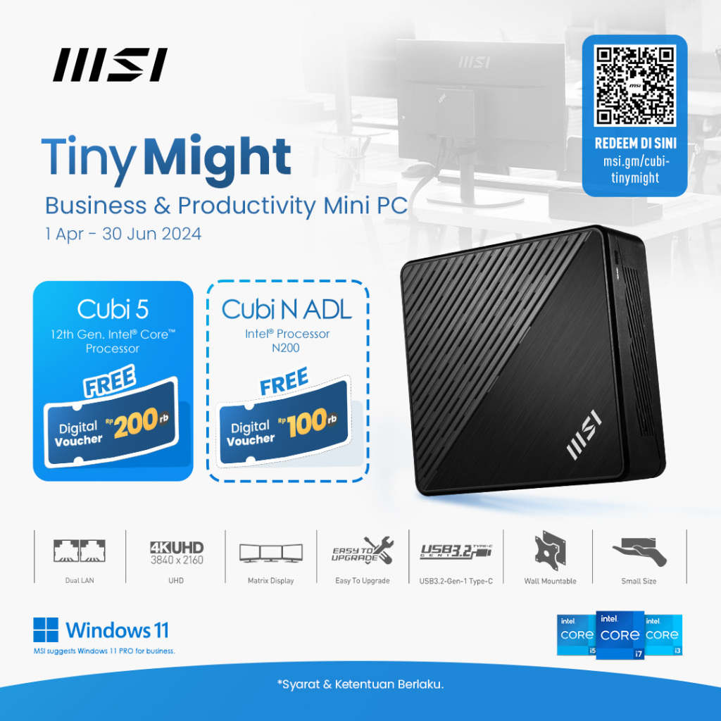 DESKTOP MINI PC MSI CUBI N ADL BAREBONE INTEL N100 INTEL UHD TYPE-C