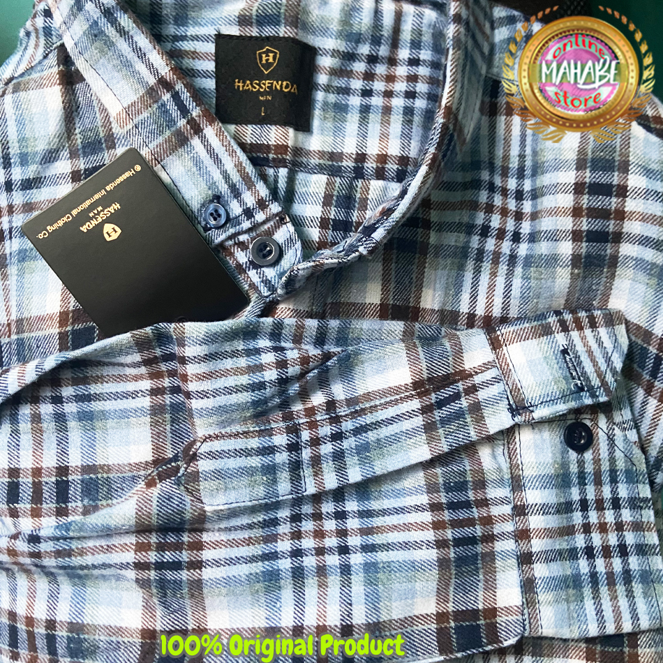 Hassenda original Kemeja Pria Flanel Premium Baby Blue Lengan Panjang Kotak Kemeja flannel