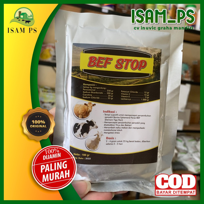 BEF STOP 100gr - Obat Penurun Panas Demam Hewan Ternak Sapi Kambing Domba Kerbau Kuda - Obat Sapi Am
