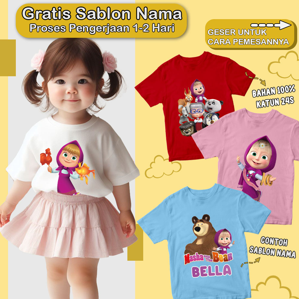 Baju Masha and the Bear Kaos Couple Anak Perempuan Motif Marsha And The Bear