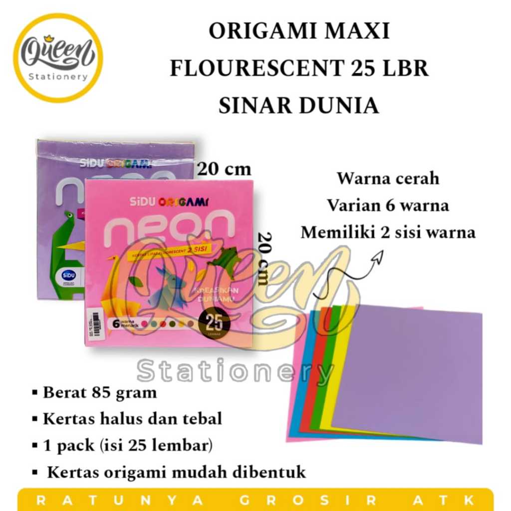 

1 PACK ORIGAMI MAXI FLOURESCENT 25 LBR SINAR DUNIA / KERTAS LIPAT 2 SISI WARNA / DOUBLE SIDE ORIGAMI (010281)