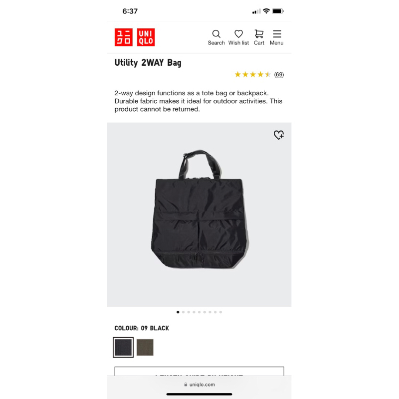 Uniqlo utility 2 way bag warna hitam bisa ransel atau tote bag