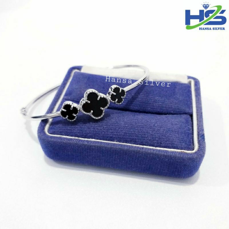 Gelang Perak Asli Silver 925 Lapis Emas Putih Bangle Bunga Batu Hitam - Gelang Tangan Anti Karat