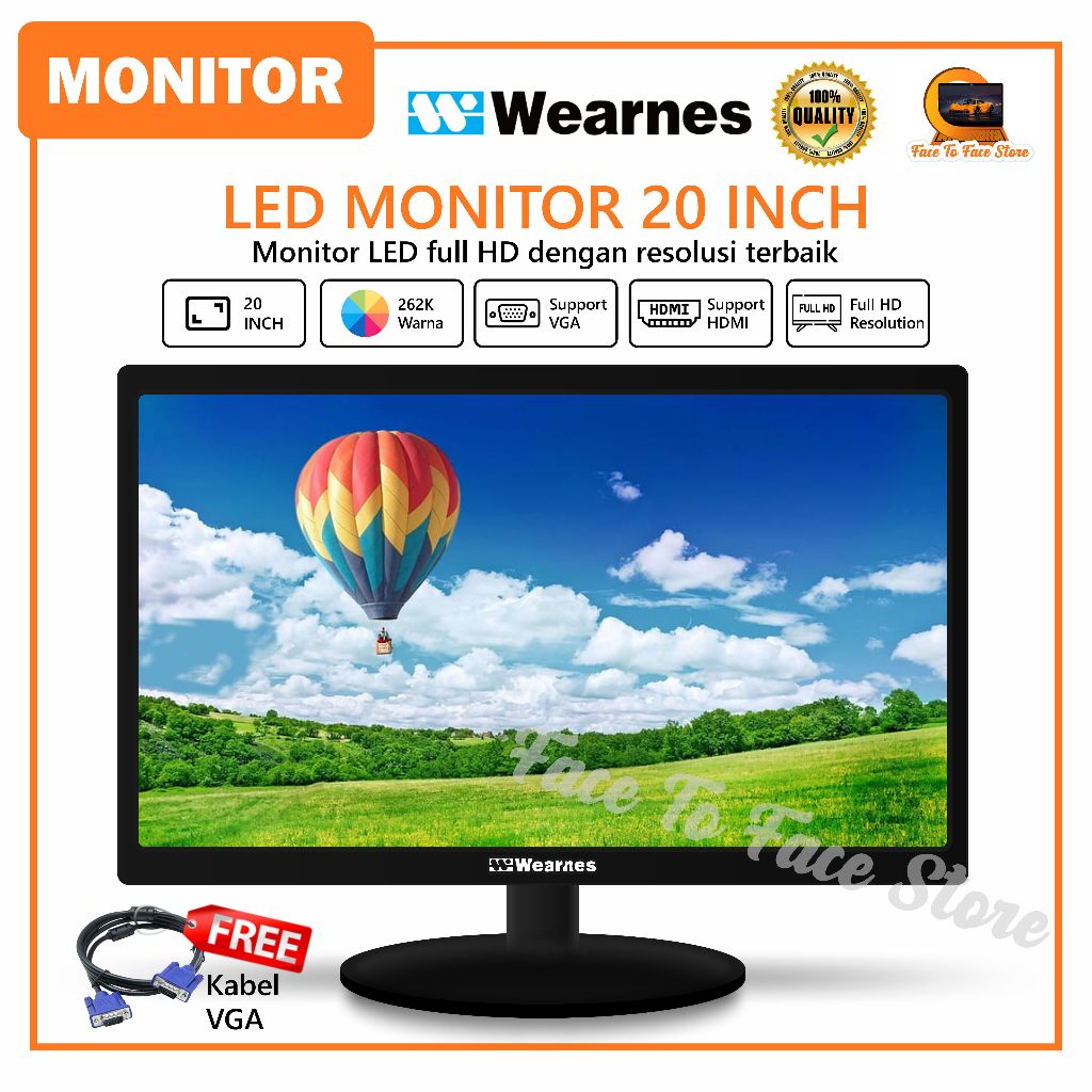 Monitor LED 20 inch Wearnes.CCTV.Monitor Gaming.Monitor PC.Garansi Resmi 1 Tahun.HDMI.VGA.Monitor ko