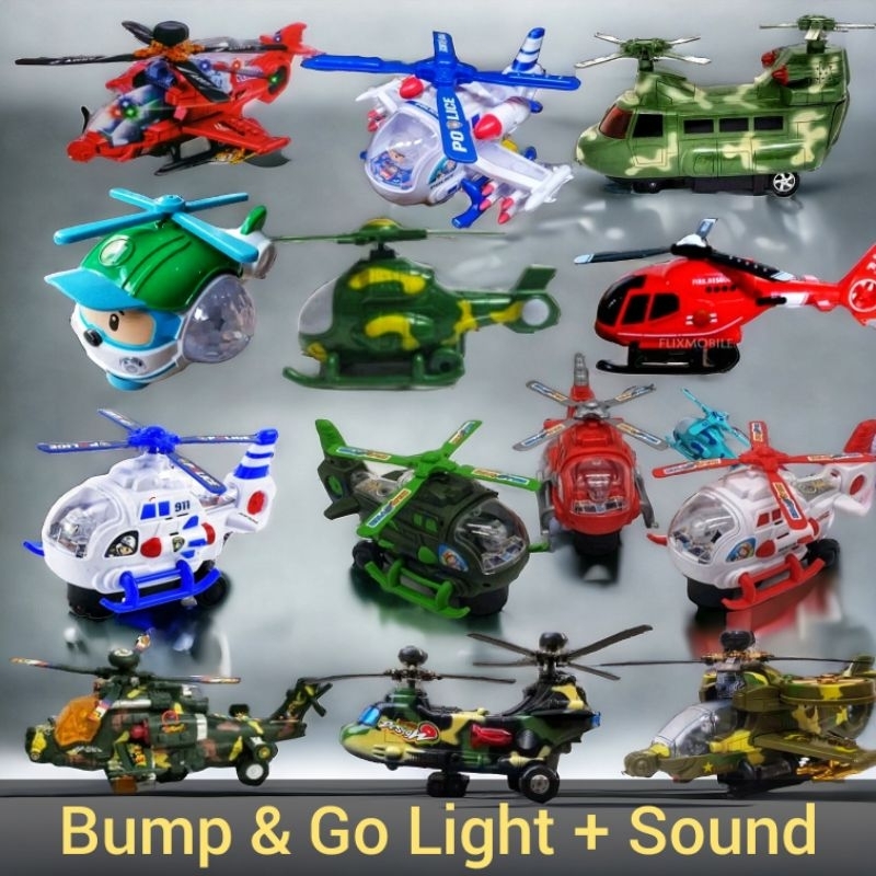 MAINAN PESAWAT HELIKOPTER BATERAI SUARA LAMPU BUMP AND GO HELICOPTER POLI POLISI APACHE TEMPUR FREE 