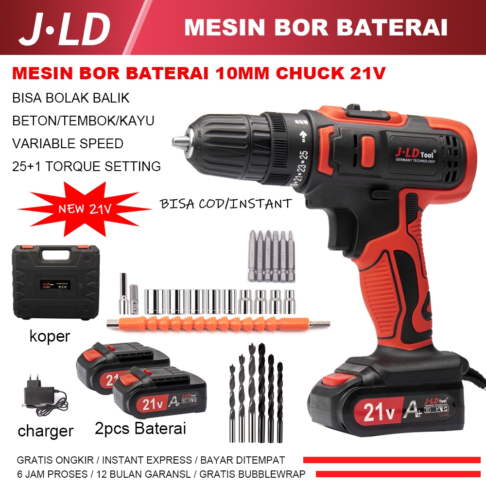 JLD 21V mesin bor baterai set bor cas 10mm bor tangan listrik bor kayu bor tembok bor beton screw dr