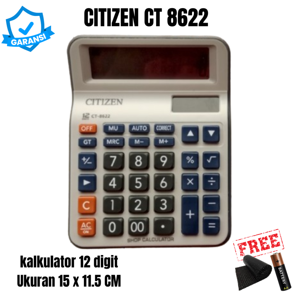 

Kalkulator CT 8622 Ukuran Besar Baterai AA Panel Surya 12 Digit Check Correct Replay