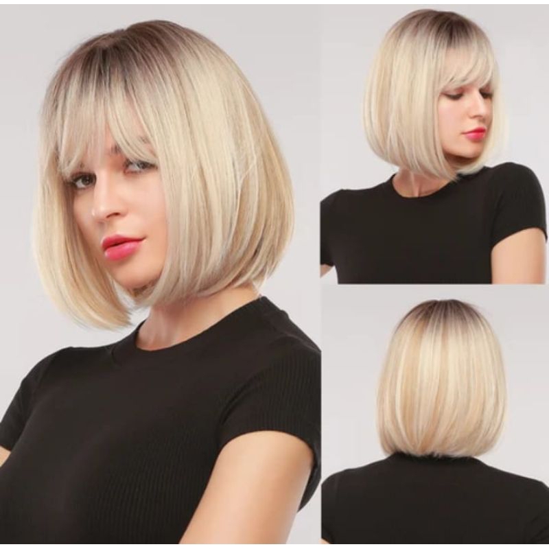 Wig Bob pirang putih lurus pendek dengan poni, Wig sintetis potongan Pixie untuk wanita tahan panas 