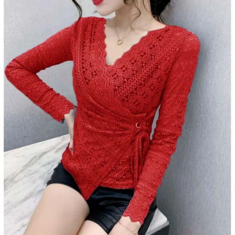 2590 Baju atasan BLOUSE IVANNA LACE WRAP BROKAT VNECK TOP lengan panjang Korea Korean style wanita p