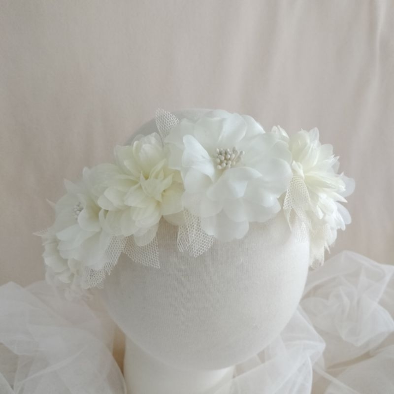Flower Crown Cream | Mahkota bunga Bandana Bayi | Headband Bando Anak Dewasa