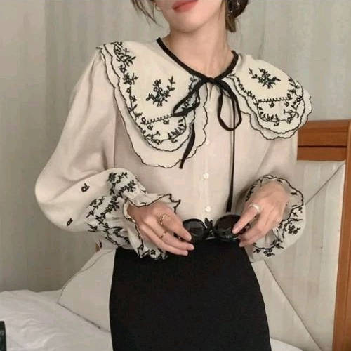 2289 Baju atasan BLOUSE CHIKA EMBROIDERED COLLAR BABYDOLL TOP kemeja Lace bordir lengan panjang Kore