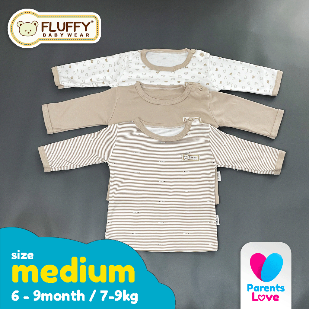 FLUFFY - Baju Panjang Kancing Samping Bayi 6-9 Bulan | 3pcs | Size M | Khaki