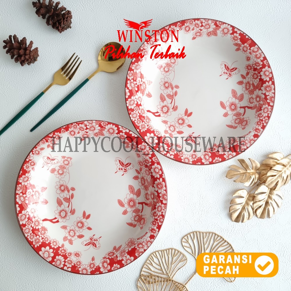 WINSTON 1pcs Piring Lontong Keramik 9,25 inch Sakura Red Dinner Plate 23cm