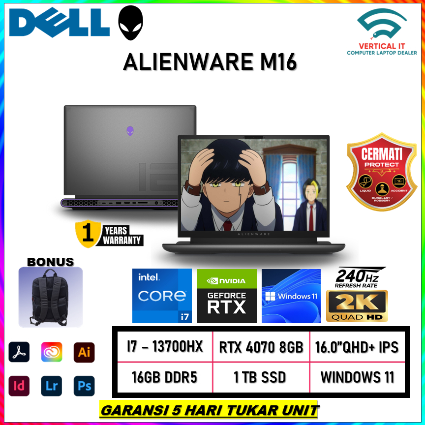Laptop Gaming DELL ALIENWARE M16 R1 RTX4070 8GB I7 13700HX Ram 16gb Ssd 1TB Windows 11 16.0 Inch QHD+ IPS 240Hz
