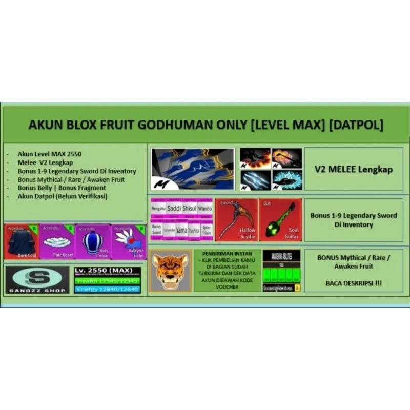 Akun Blox Fruit GODHUMAN [Level MAX] [Datpol] [Belum Verifikasi]
