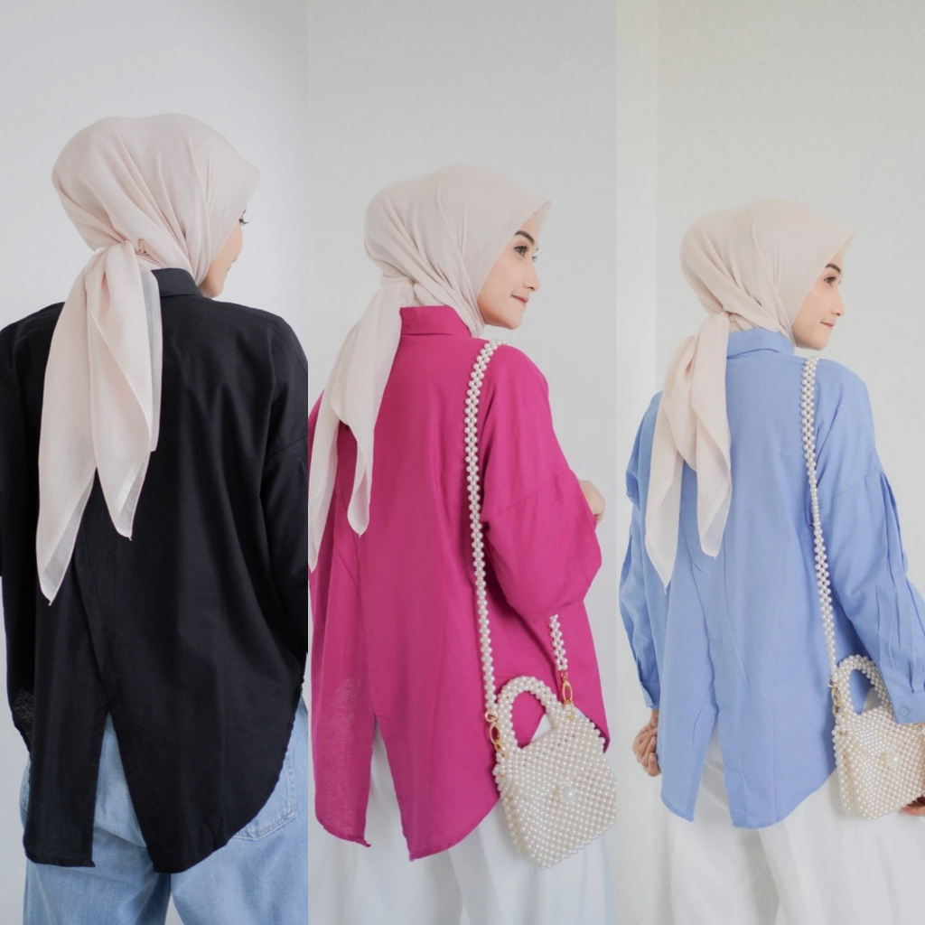 Baju Kemeja Atasan Pakaian Outfit Hem Kerah Hitam Denim Army Linen Lengan Panjang Basic Casual Kerja