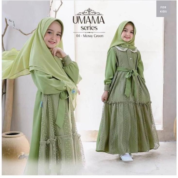 Umama Syari Kids Gamis Anak Usia 7 8 9 Tahun Dress Brokat Malika Mix Kerudung Instan Polos Baju Hari