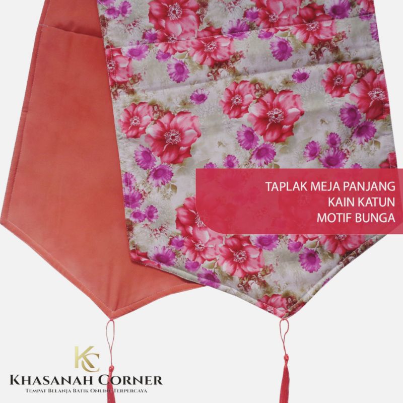 Taplak Meja Panjang 126x34 cm Runner Table Cloth Cover Persegi Kain Katun Warna Merah Bunga Kombinas
