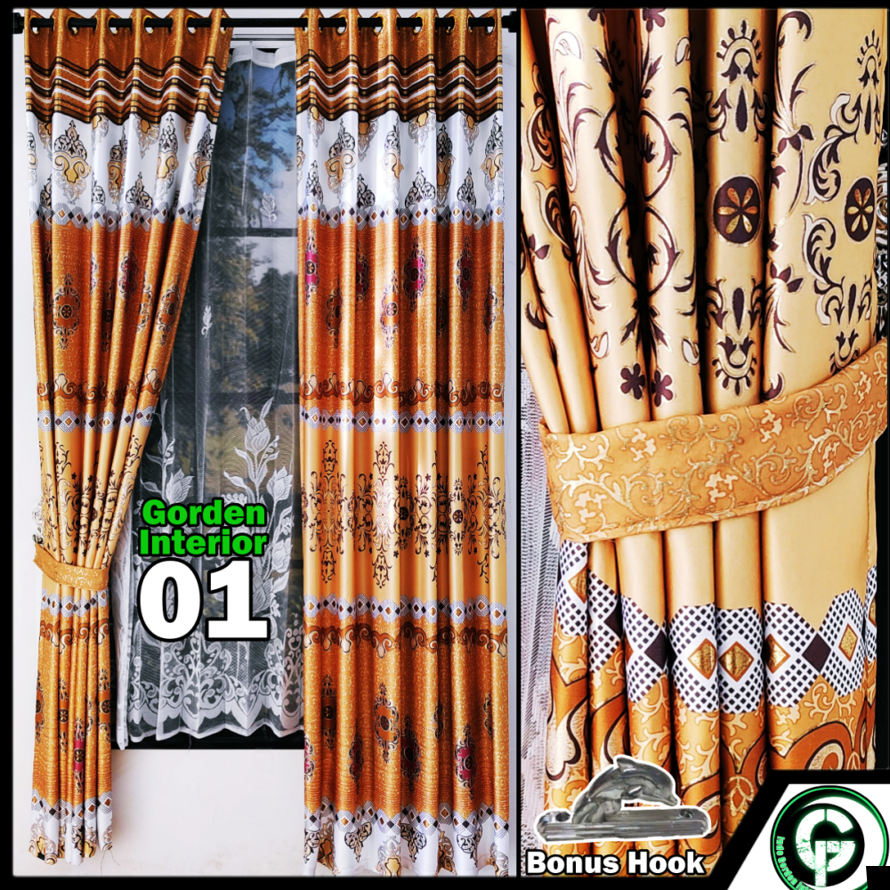gorden pintu dan jendela minimalis blackout tinta emas motif batik warna gold mewah