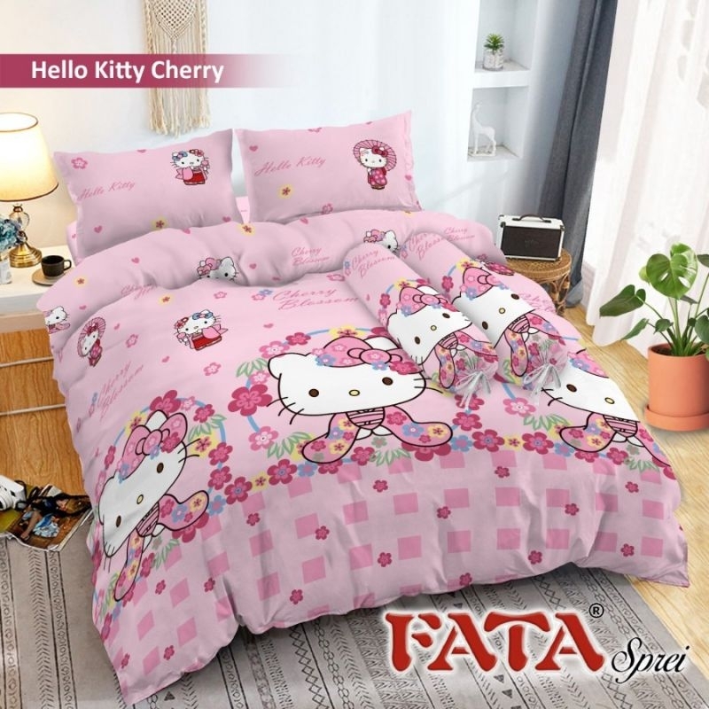 4in1 Full Set Bedcover + Sprei Fata 3D Queen King 160x200 180x200 Motif Pinky Love, Hello Kitty Stra