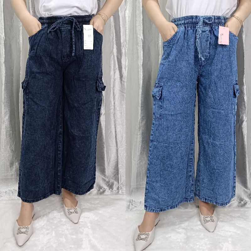 Celana Panjang Wanita Kulot Cargo Jeans Non Stretch Simple Me/ Jeans Panjang Kulot Cargo Tidak Melar