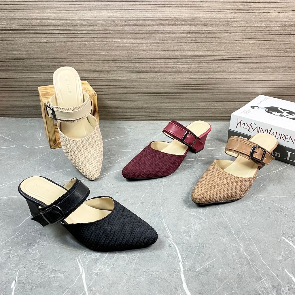 SEPATU HEELS WANITA / HEELS WANITA / HEELS MOTIF RAJUT / SEPATU WANITA HEELS SEDANG / HEELS SLIP ON 