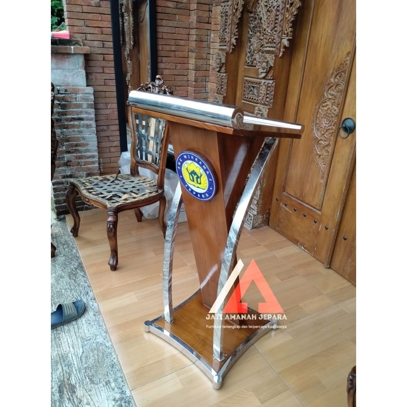 podium minimalis stainless, podium minimalis lengkung besi, podium pidato