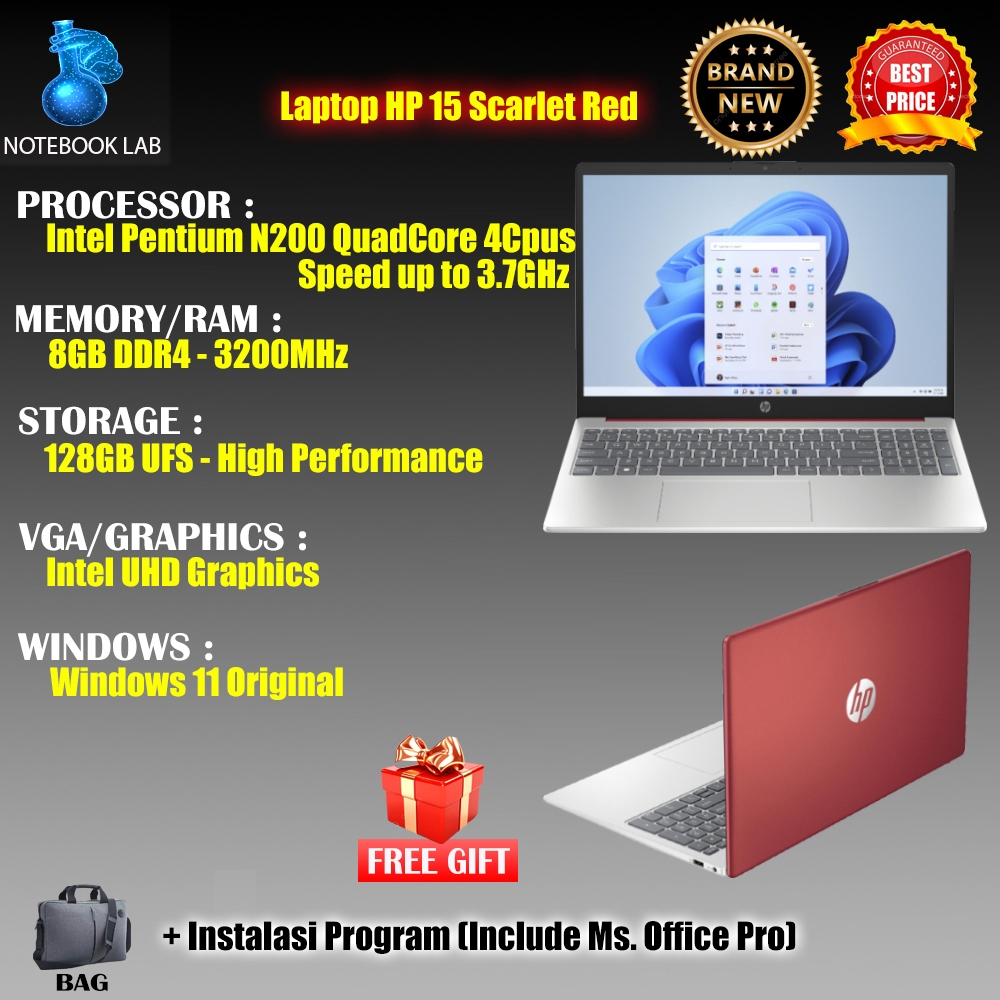 laptop hp 15 scarled red intel n200 4cpu quad core ram 4gb ssd ufs 128gb high performance windows 11