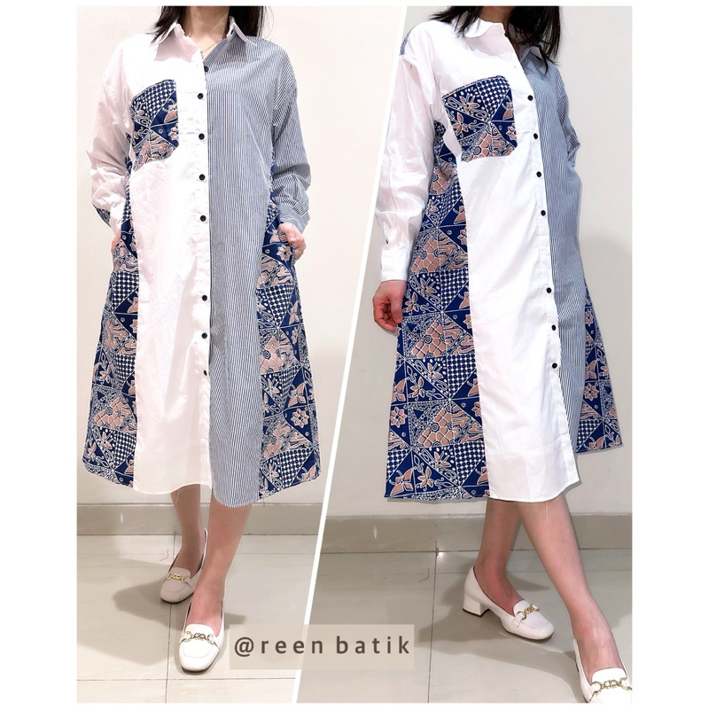 Midi Dress Tunik Lengan Panjang Katun Kombinasi Batik Tulis Premium, Dress Ko Be#