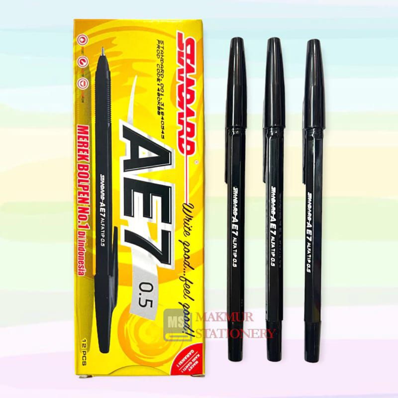 

1 pack pulpen standar hitam AE7. 05 isi 12 pcs