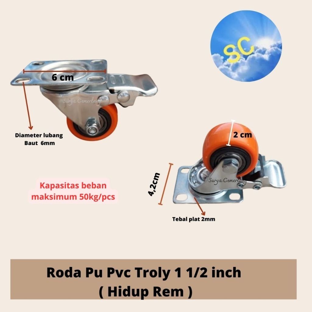 Roda PVC PU Troly Troli 1 1/2 inch hidup rem roda caster