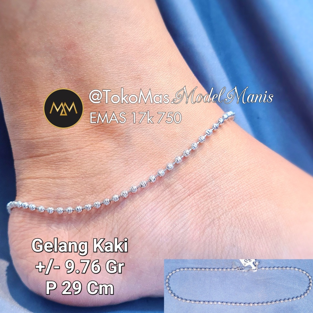 Gelang kaki Biji Lada Jumbo emas putih 750 kadar 17k