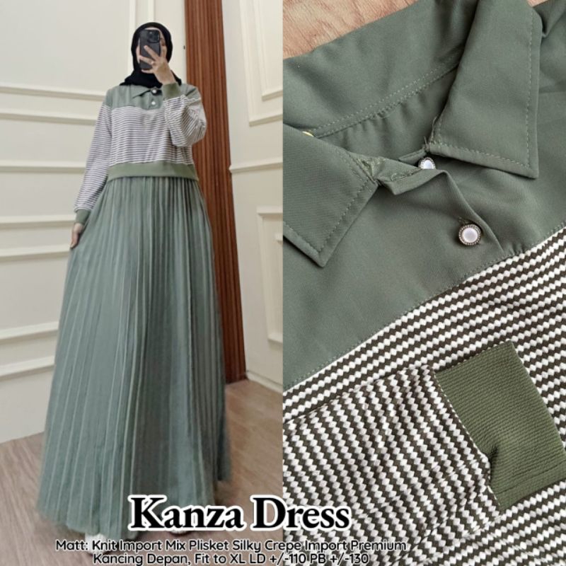 Baju Dress Muslimah Kanza Knit Import Mix Plisket Silky Crepe Import
