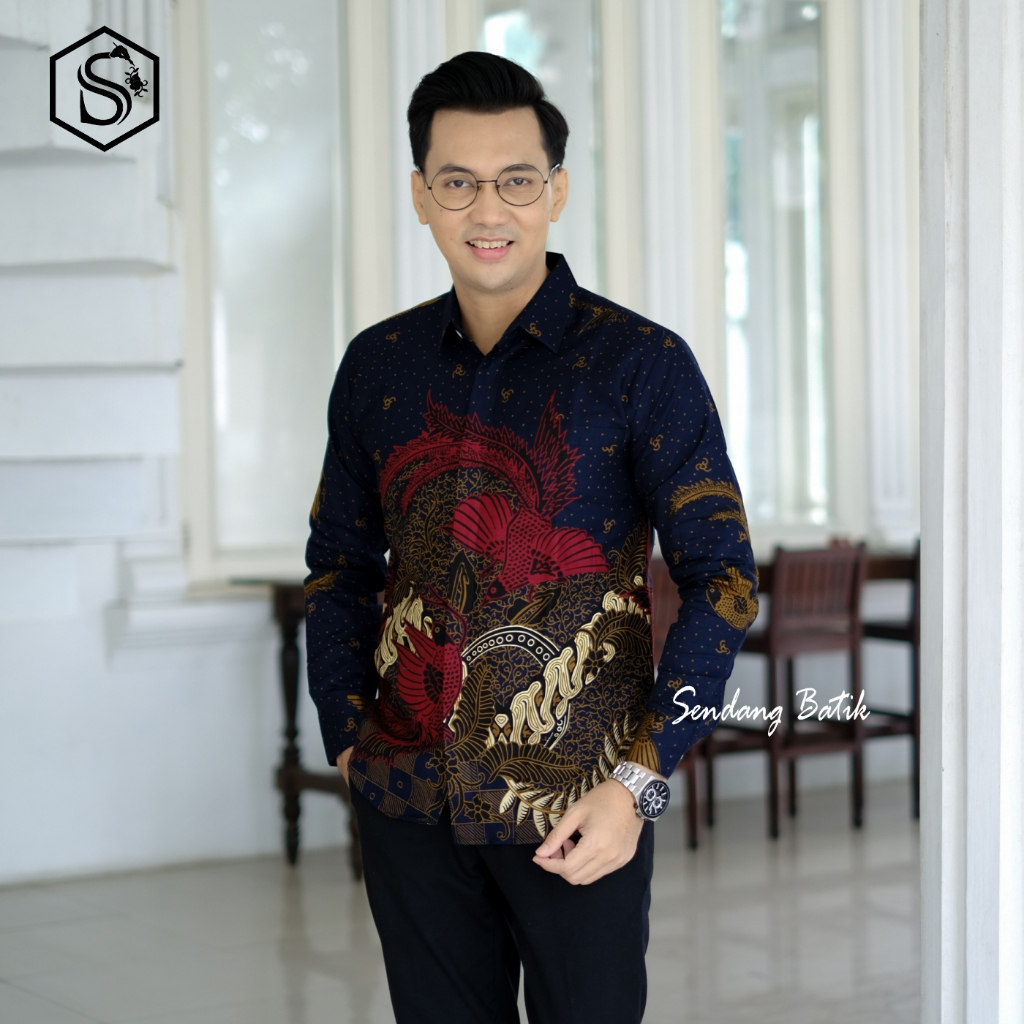 Kemeja Batik Pria Motif Gurdo Warna Biru Navy Lengan Panjang Lapis Furing Erro Baju Hem Cowok Kondan