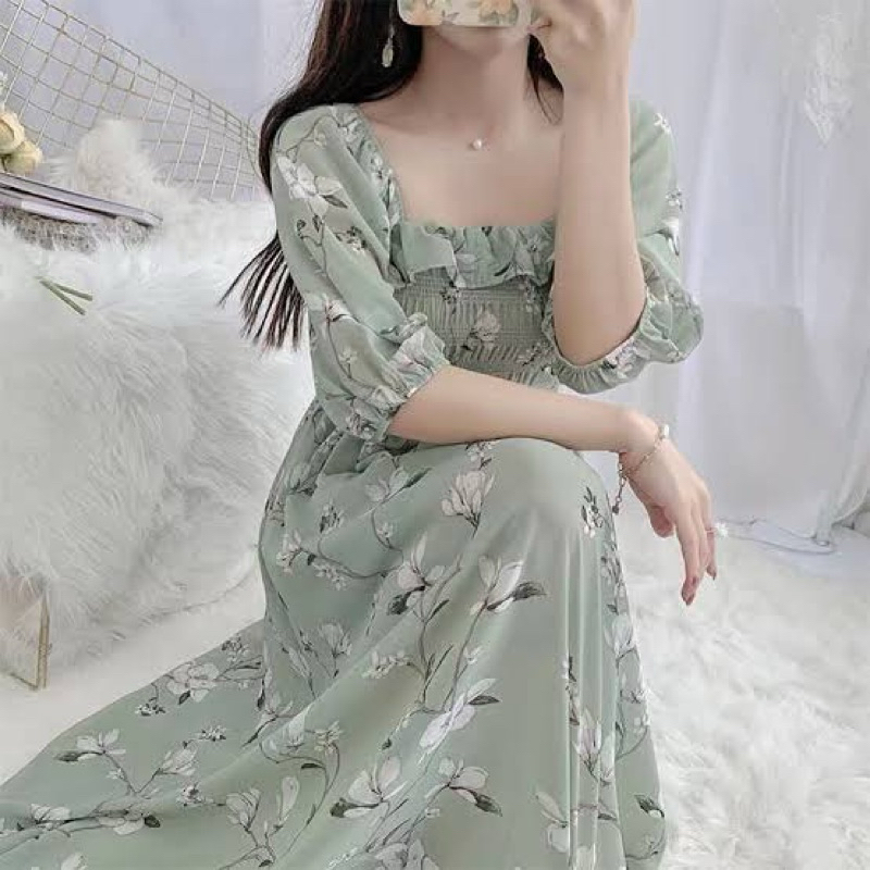 Flower Puff Sleeve Midi Dress Smoke Sage Green - Dress Sifon Lengan Balon Dada Karet Korea Motif Bun