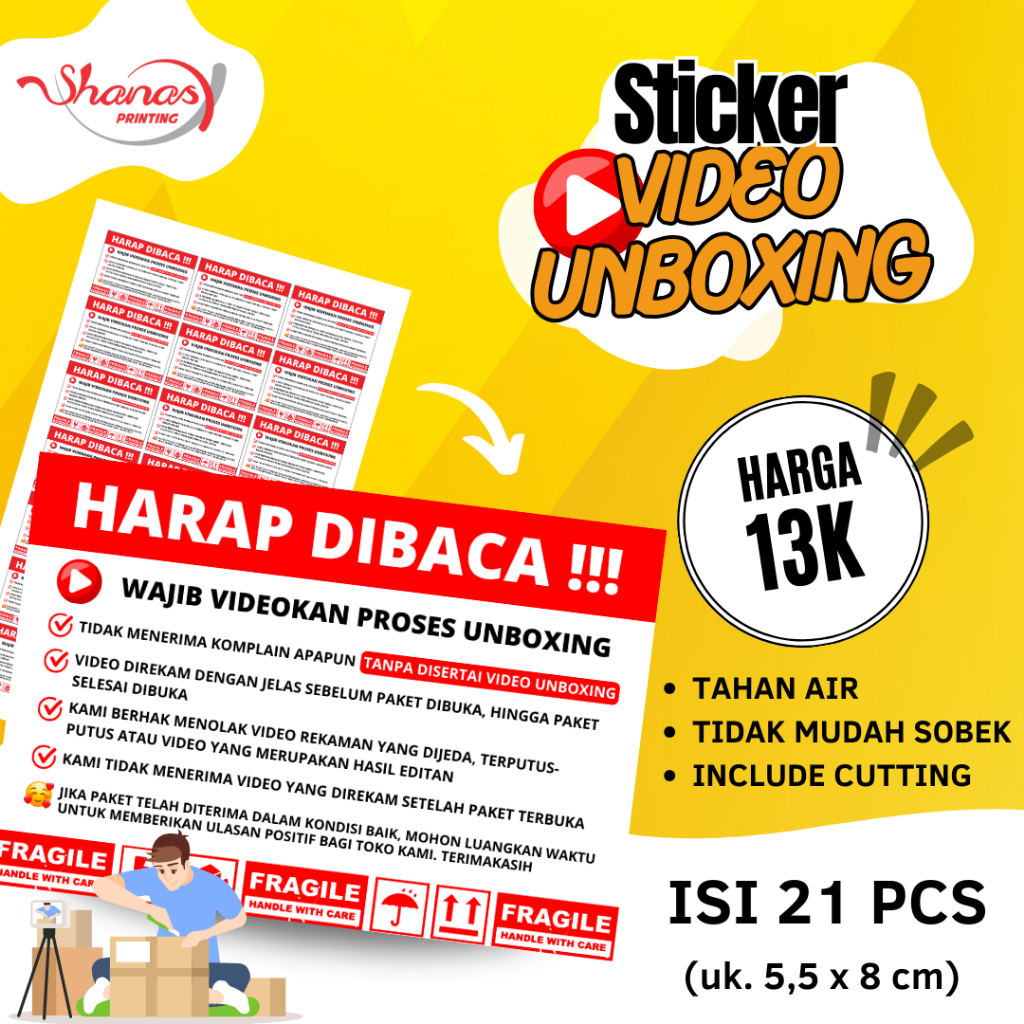 

Stiker WAJIB VIDEO UNBOXING!! Bahan Vinyl Glossy Waterproof Sudah Include Cutting