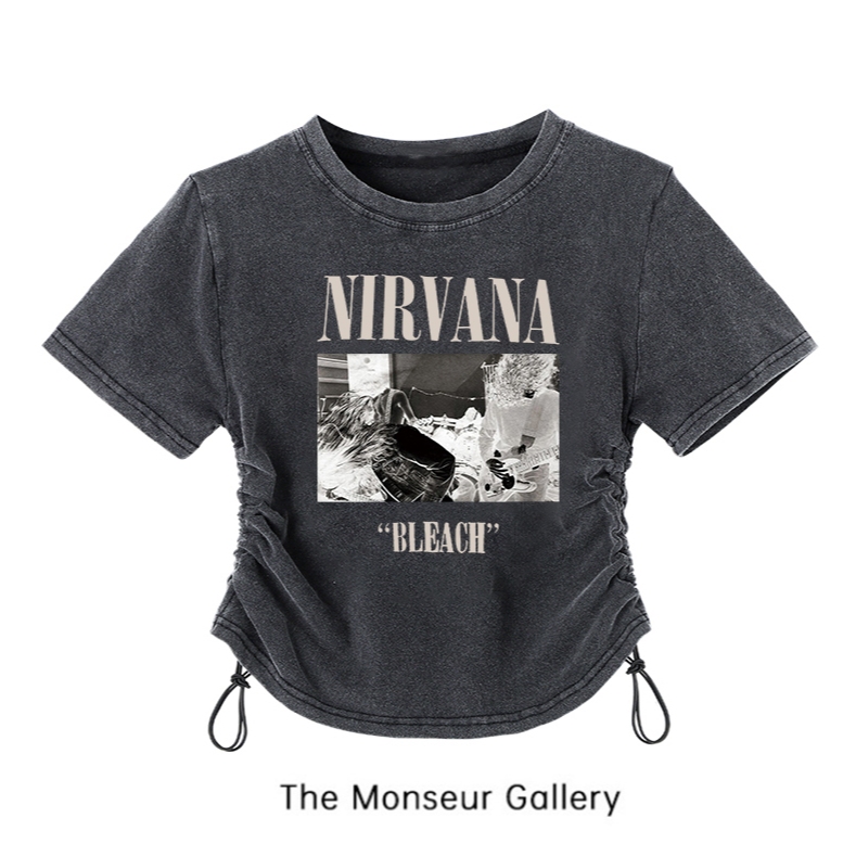 The Monseur Gallery Washed Hitam T-shirt Drawstring Wanita Kaos Crop Wanita NIRVANA  | Baju Croptee