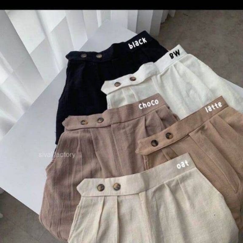 Celana Linen kancing Dua Celana Kulot Highwaist Celana Wanita Korea
